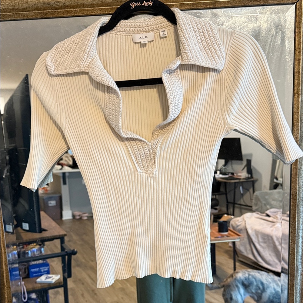 A.L.C. Ivory Ribbed Knit collared Blouse xs